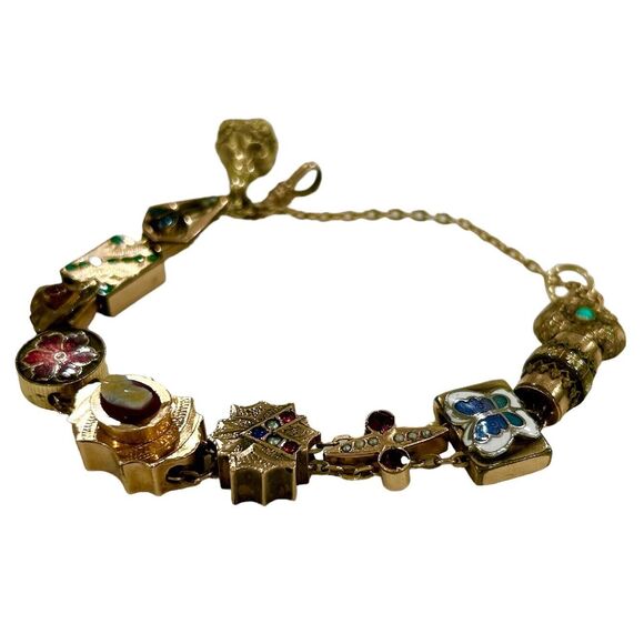 Vintage Victorian Slide Charm Gold Filled Bracelet with Mother of Pearl Fob - Picture 4 of 9